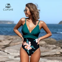cupshe blue and floral scalloped v neck one piece swimsuit sexy padded women monokini 2021 new girl beach bathing suit swimwear