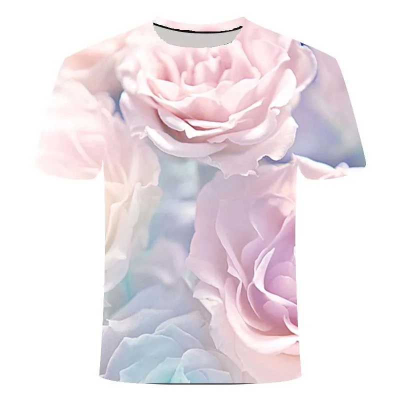 

2021 3d New Summer Rose Flower Pattern Printing T-shirt Fashion Summer Short-sleeved Men's Casual and Comfortable 2021 3d