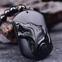 wolf head amulet pendant necklace natural black obsidian carving beaded necklace blessing lucky pendants fashion jewelry gift