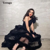 verngo black tulle ruffles layered a line prom dresses one shoulder beads ankle length evening gowns dubai women party dress