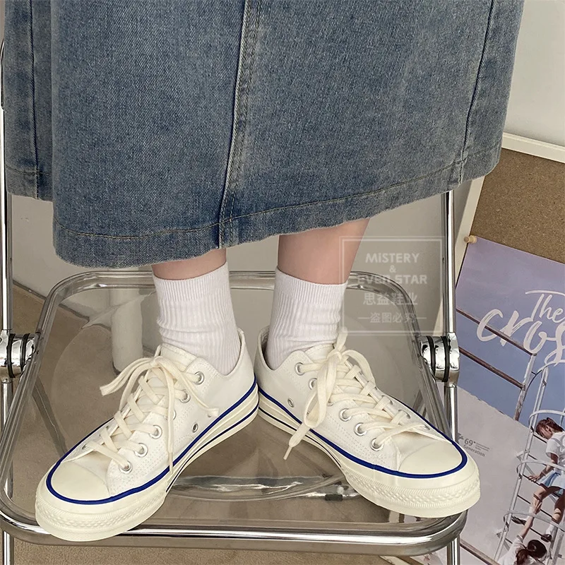 

Spring/Autumn New Shoes for Women Fashion Sneakers 1970 White Blue Canvas Shoes Low Cut Lace-up Plus Size 44 Couple Shoes Woman