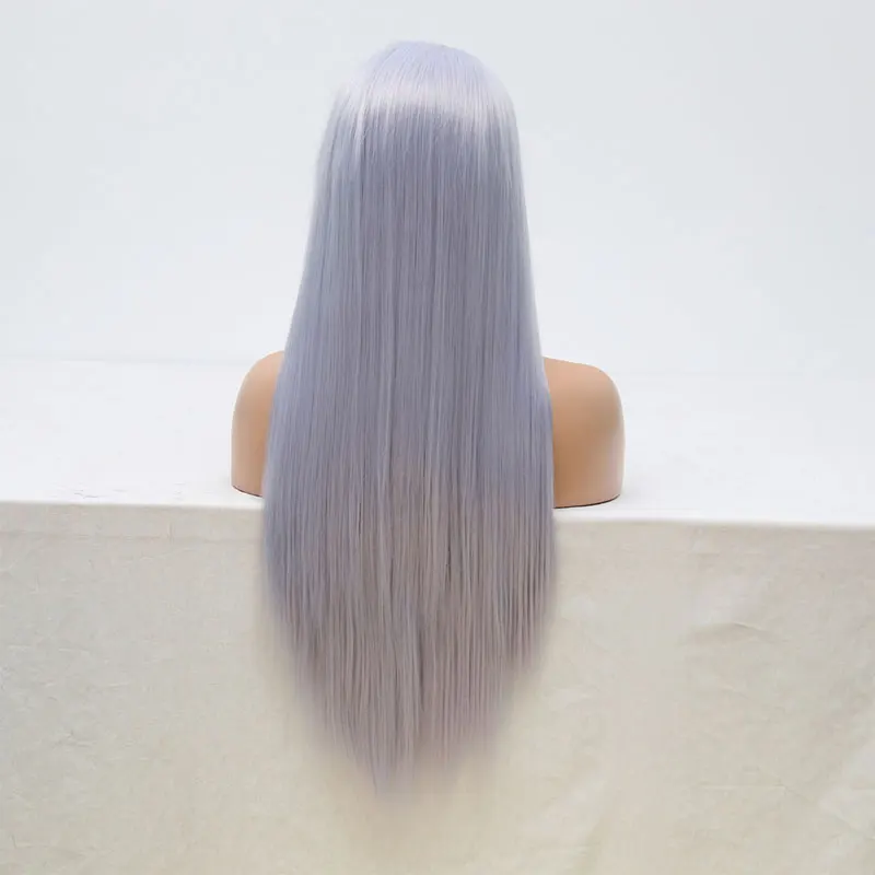 BM Straight Synthetic 13*4 Lace Front Wig Light Blue Grey Heat Resistant Fiber Hair Natural Hairline Free Parting For Women Wigs
