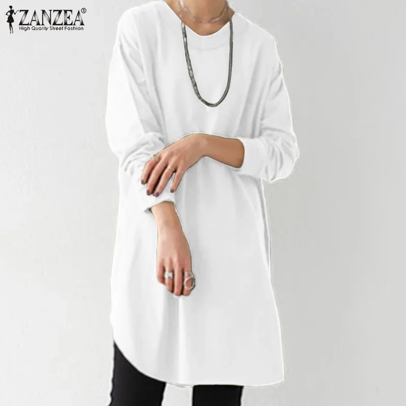 

ZANZEA 2021 Autumn Casual Full Sleeve Solid Blouses Stylish O Neck Long Chemise Fashion Baggy Retro Irregular Hem Work Top Blusa