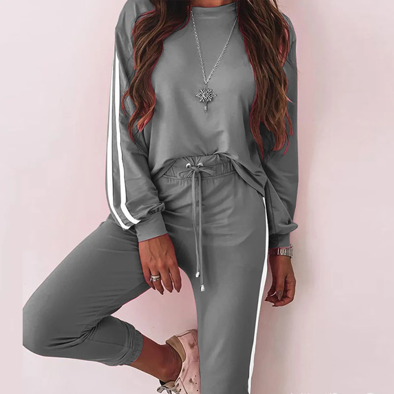 

Autumn Striped Women's Suits 2 Pieces Sets O-Neck Long Sleeve Female Sweatshirts Set Drawstring Casual Sport Ladies Pants Suit