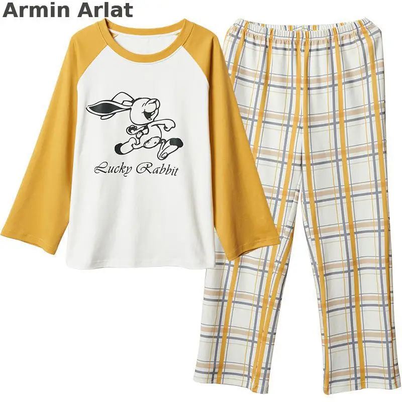 

Cute Women Pijama Mujer Loose Night Suit Spring/autumn Cotton Pajamas Print Plaid Sleep Set Oversize Casual Pyjamas PJ Set 2pcs
