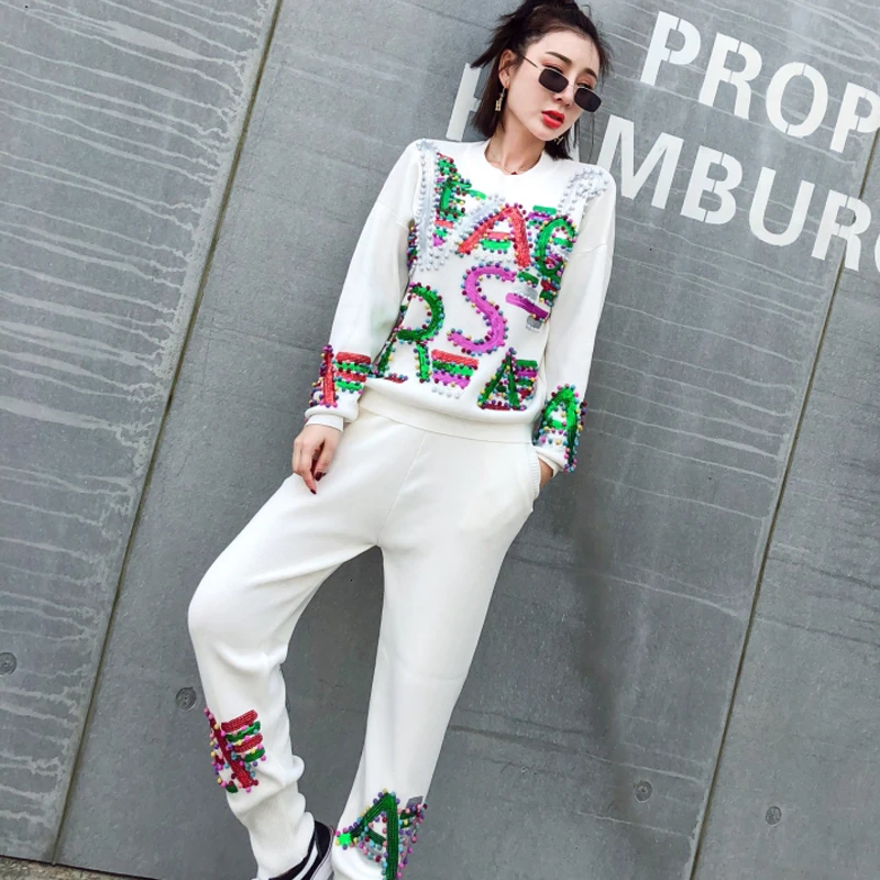 

Long Sleeve Tracksuits For Women Outfits Knitted 2 Pieces Sets Matching White Letter Sweaters Tops Wide Pants Autumn Winter