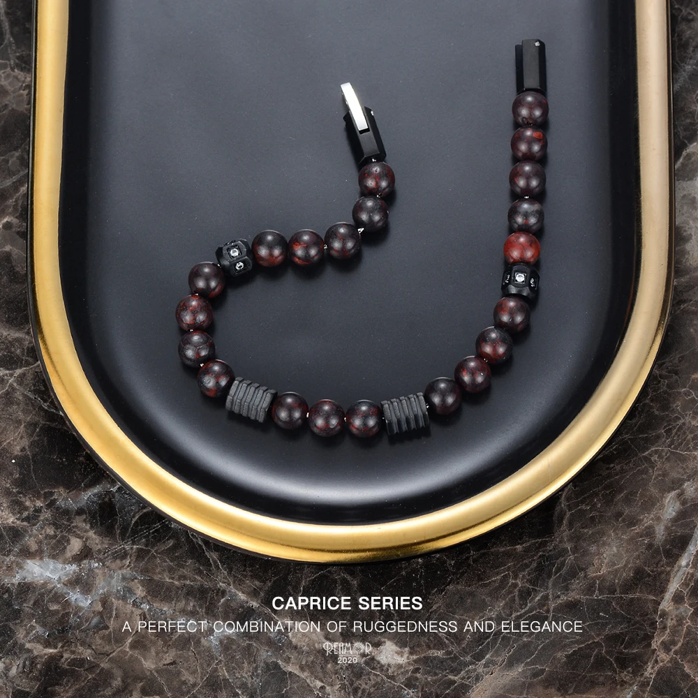 REAMOR унисекс кровяной красный натуральный камень браслеты Съемный Черный матовый