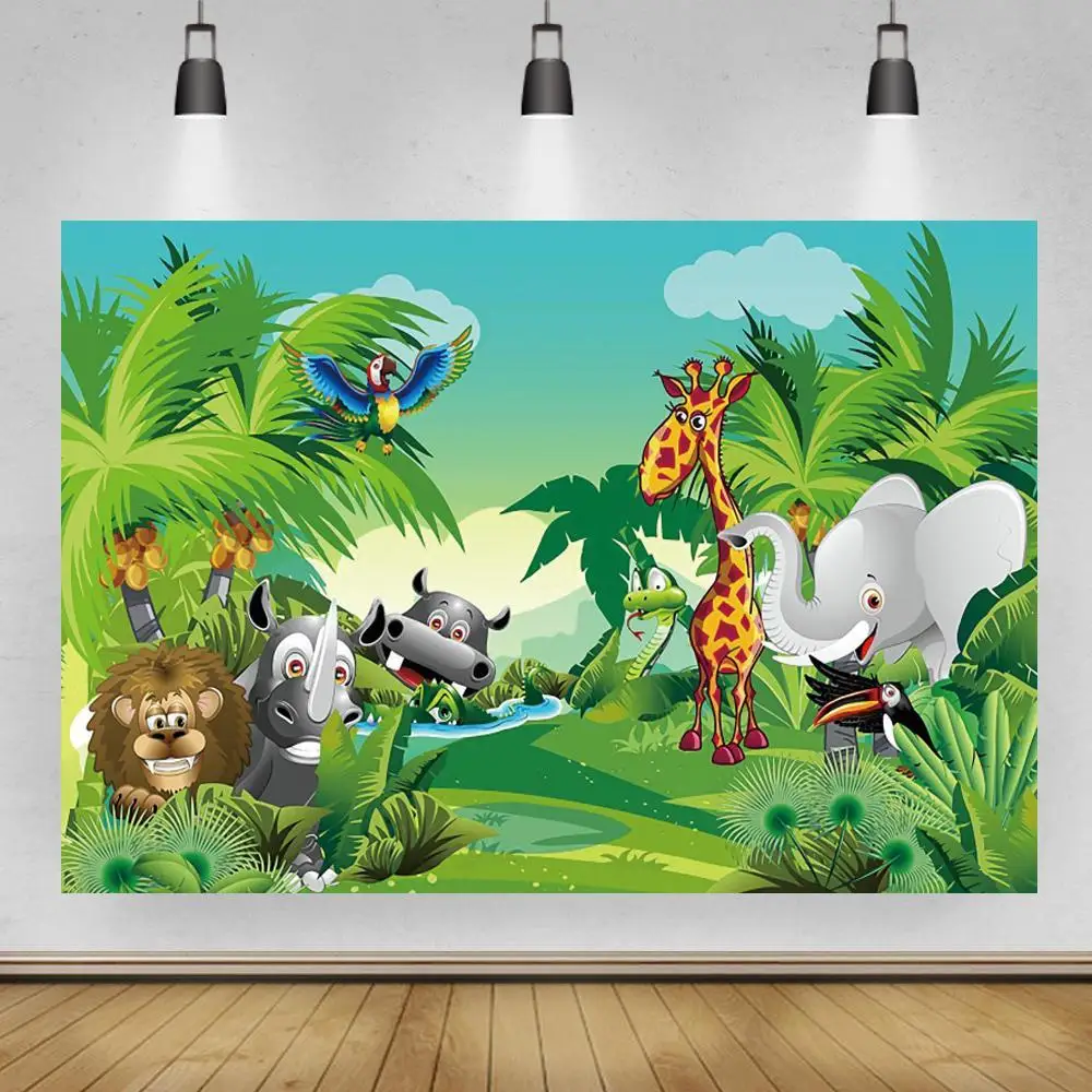 

Green Forest Long River Palm Tree Birthday Party Backdrops Decor Jungle Animals Birds Elephant Baby 1 Year Photo Backgrounds