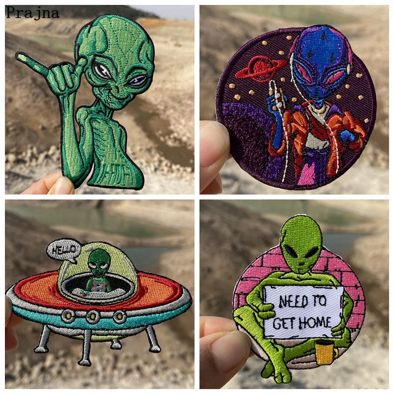 

Prajna UFO Space Alien Patch Funny Astronaut Iron On Embroidery Patches Stripes Clothes Stickers Need Space Badges Applique