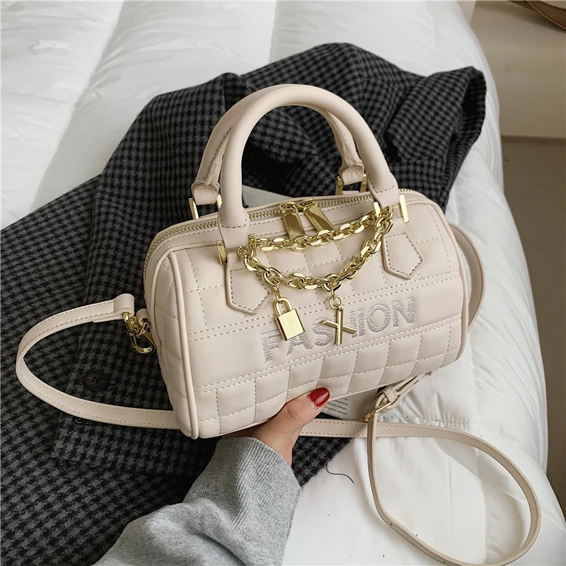 

Korean Style Small Plaid Boston Handbag For Women Fancy Design Chain Double Zipper Tote High Quality Shoulder Crossbody Bag 2021