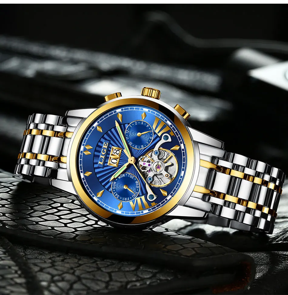 LIGE мужские s часы Топ люксовый бренд Tourbillon автоматические механические часы мужские водонепроницаемые часы со скелетом Montre Homme+ коробка