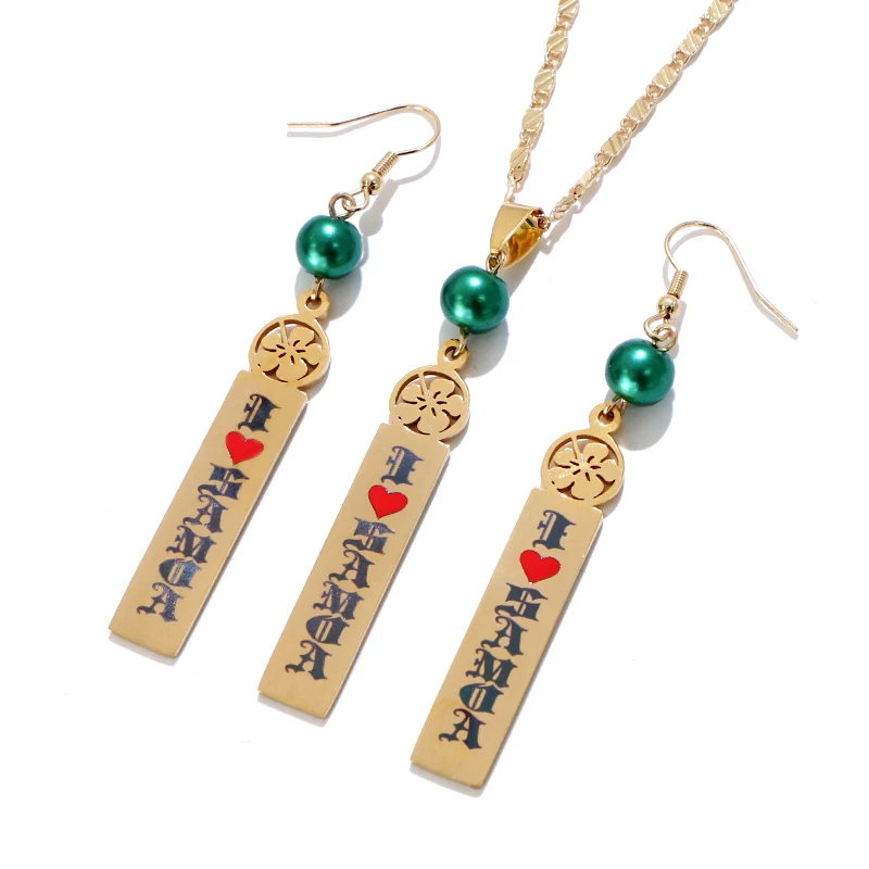 

KOMI Custom Name Polynesian Hawaiian Pohnpei Chuuk Marshall Acrylic Pearl Stainless Steel Necklace Pendant Earrings Jewelry Set