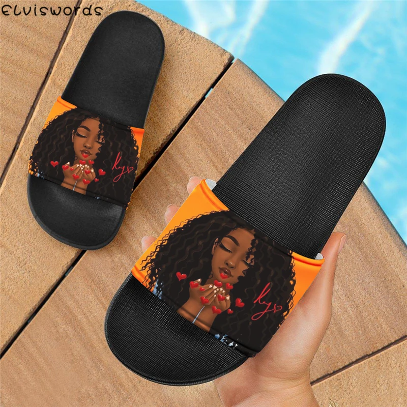 

ELVISWORDS New Fashion Home Slippers Africa Black Girls Heart Pattern Non-slip Leisure Flats for Women Bathroom Slip On Footwear