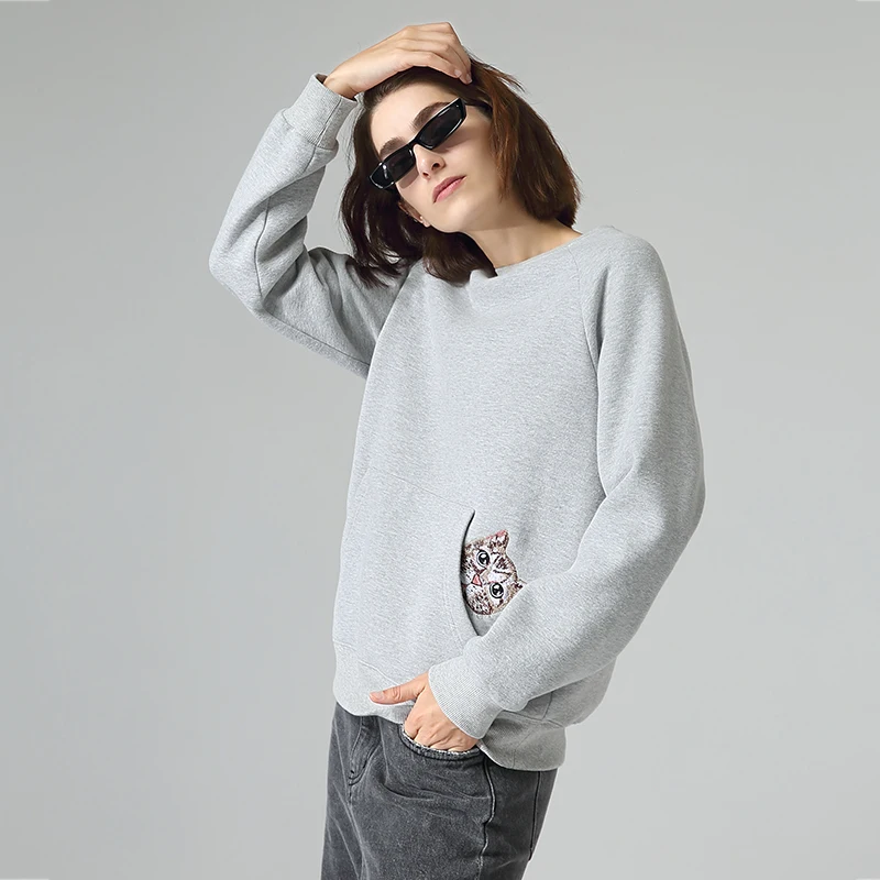

Toyouth Women Hoodies Casual Embroidery Animal Cat Printed Top Black Purple Simple Sweatershirt