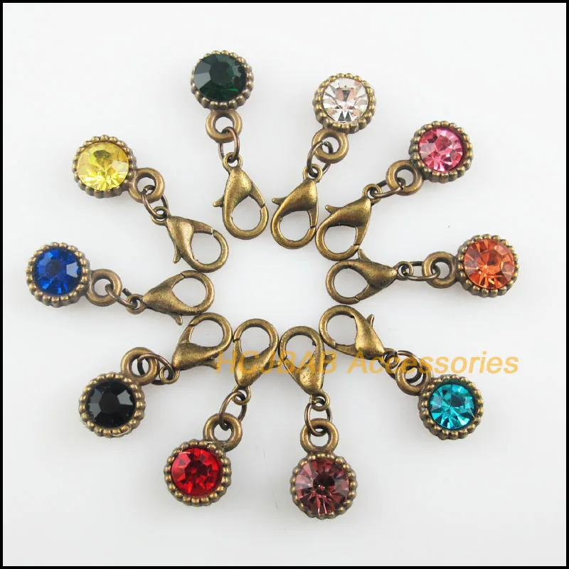 

10Pcs Antiqued Bronze Tone Flower Retro Mixed Round Crystal 8.5x13mm With Lobster Claw Clasps Charms