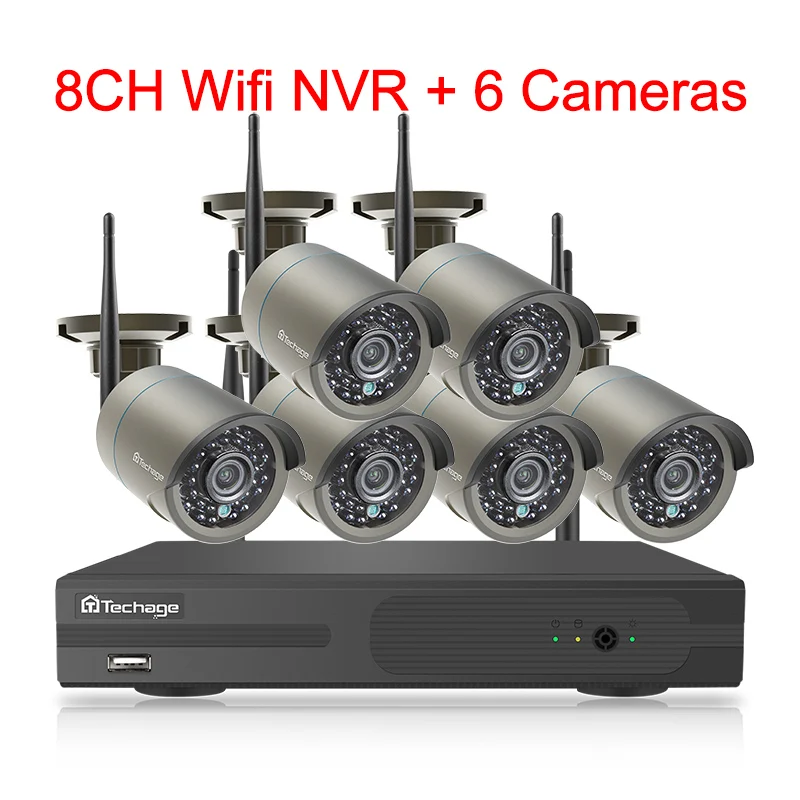 8CH NVR and 6 Camera Techage H.265 8CH 1080P HD Беспроводной NVR комплект CCTV система безопасности 2MP IR CUT наружная аудио Wifi камера P2P комплект видеонаблюдения - Цвет: 8CH NVR and 6 Camera