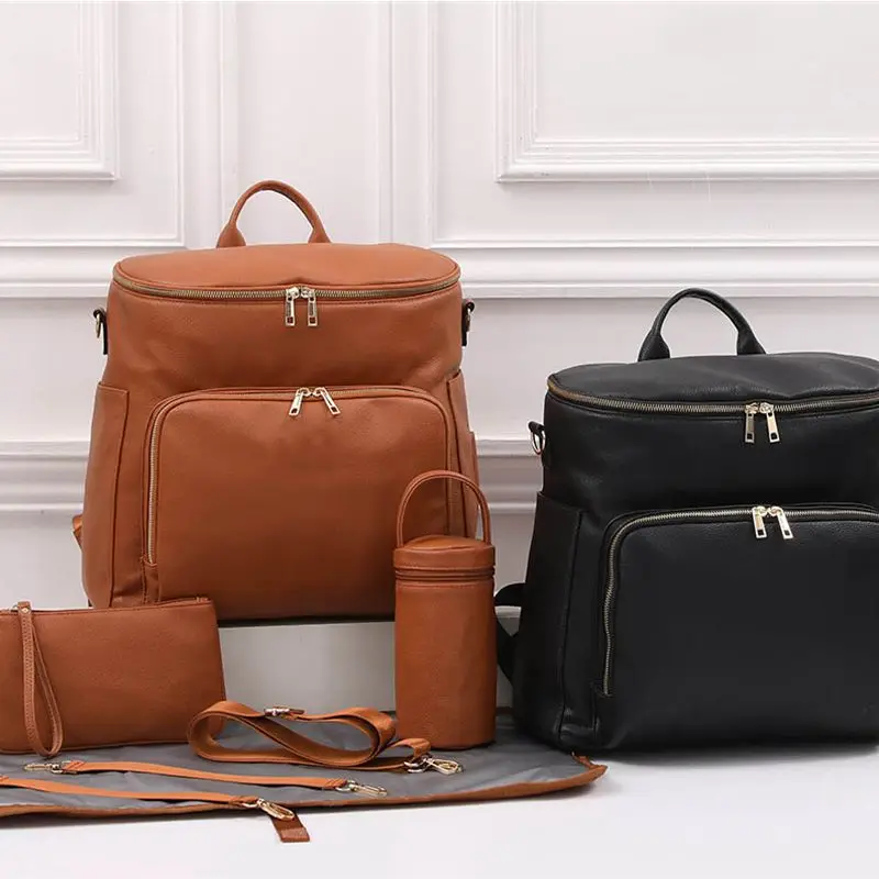 Leather Diaper Bag Backpack, Travel Carry Bag, Nappy Baby Bag with Stroller Hanger Thermal Pockets Adjustable Shoulder Straps