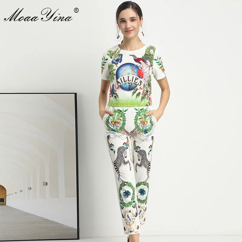 MoaaYina Fashion Designer Set Spring Summer Women Short sleeve Beaded Rainforest Print Tops+3/4 pants Vintage Two-piece set | Женская