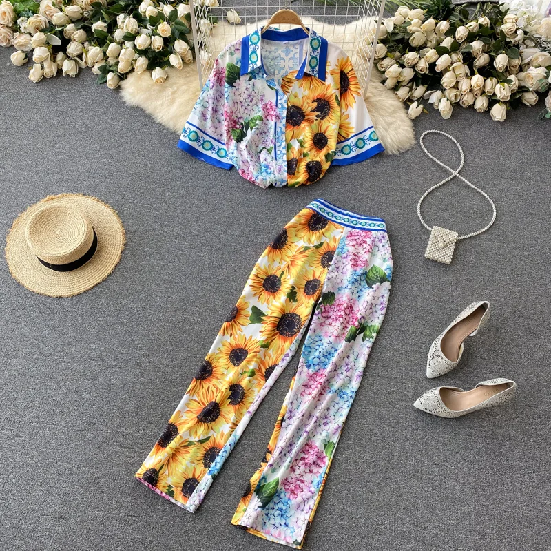 

2021 Summer New Runway 2 Piece Set Women Holiday Beach Outfits Elegant Designers Color Block Print Loose Shirt And Pants Suits