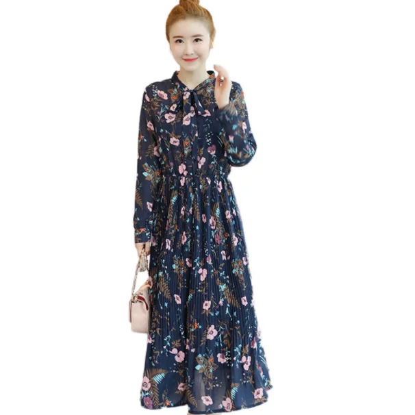 2020 плиссированное платье с цветочным принтом весна осень женские длинные
