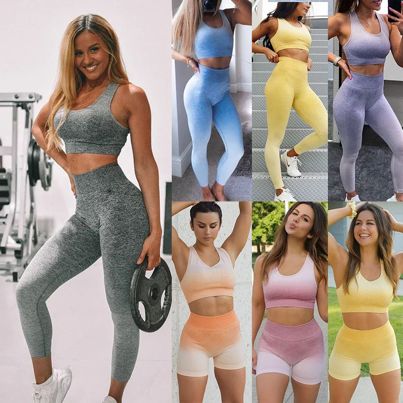 

Seamless GYM Yoga Set Women Sports Clothes Changing Color Fitness Outdoor Tracksuit Sleeveless Crop Top Leggings Two Piece Suit