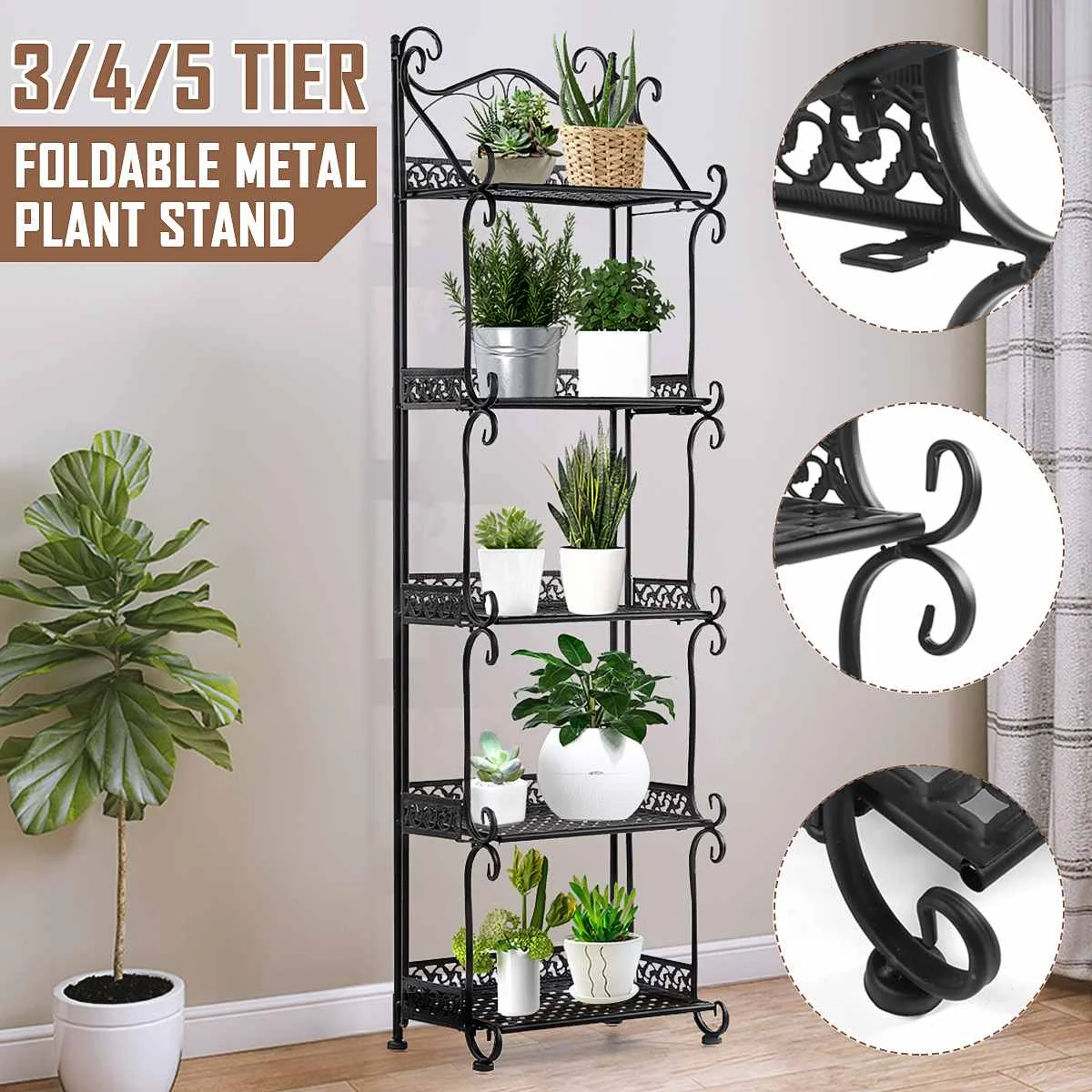 

5/4/3 Tier Folding European Wrought Iron Flower Stand Indoor Outdoor Flower Stand Rack Floor-standing Balcony Flower Pot Shelves