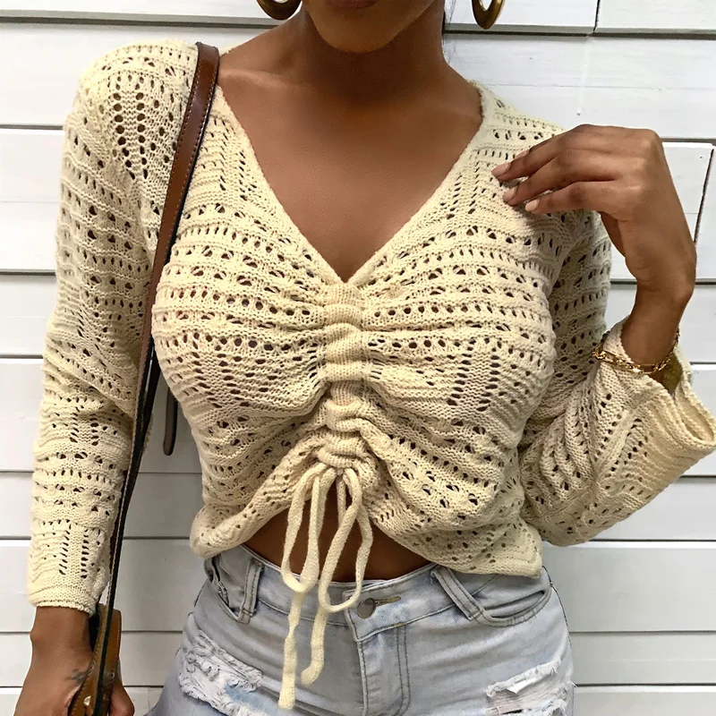 

2021 New Autumn Women Knitted Tops Fashion Sexy Deep V Neck Hollow Out Crop Solid Long Sleeve Drawstring Slim Sweater Pullovers