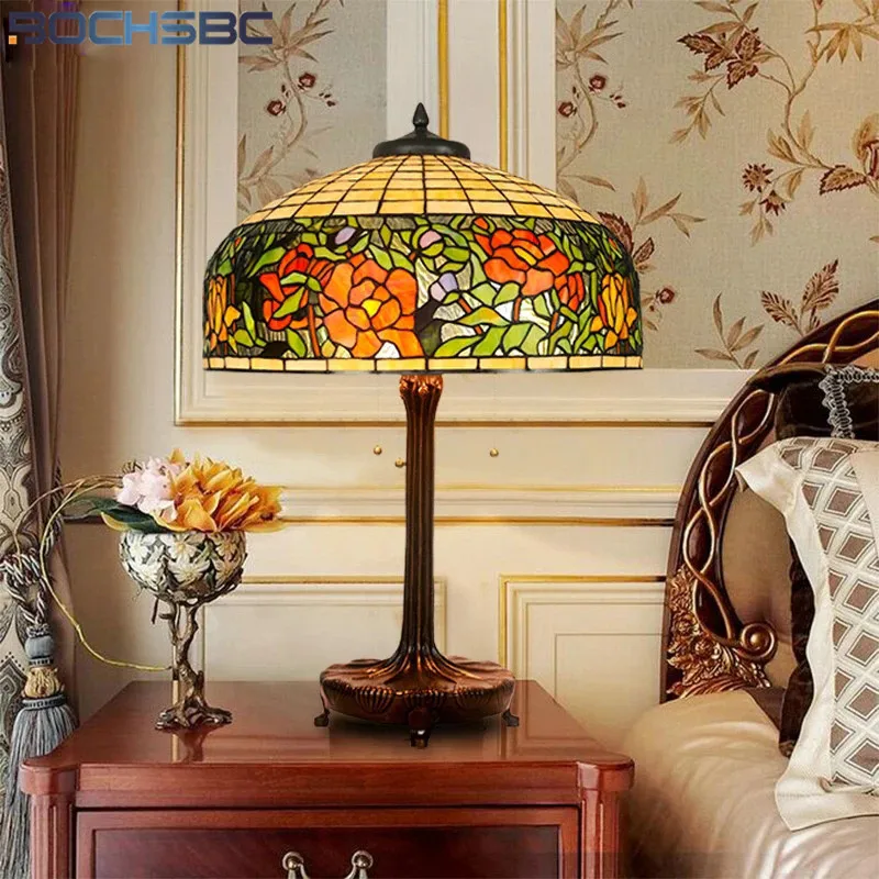 Настольная лампа в стиле Тиффани BOCHSBC роза тюльпан стрекоза Глициния витражное