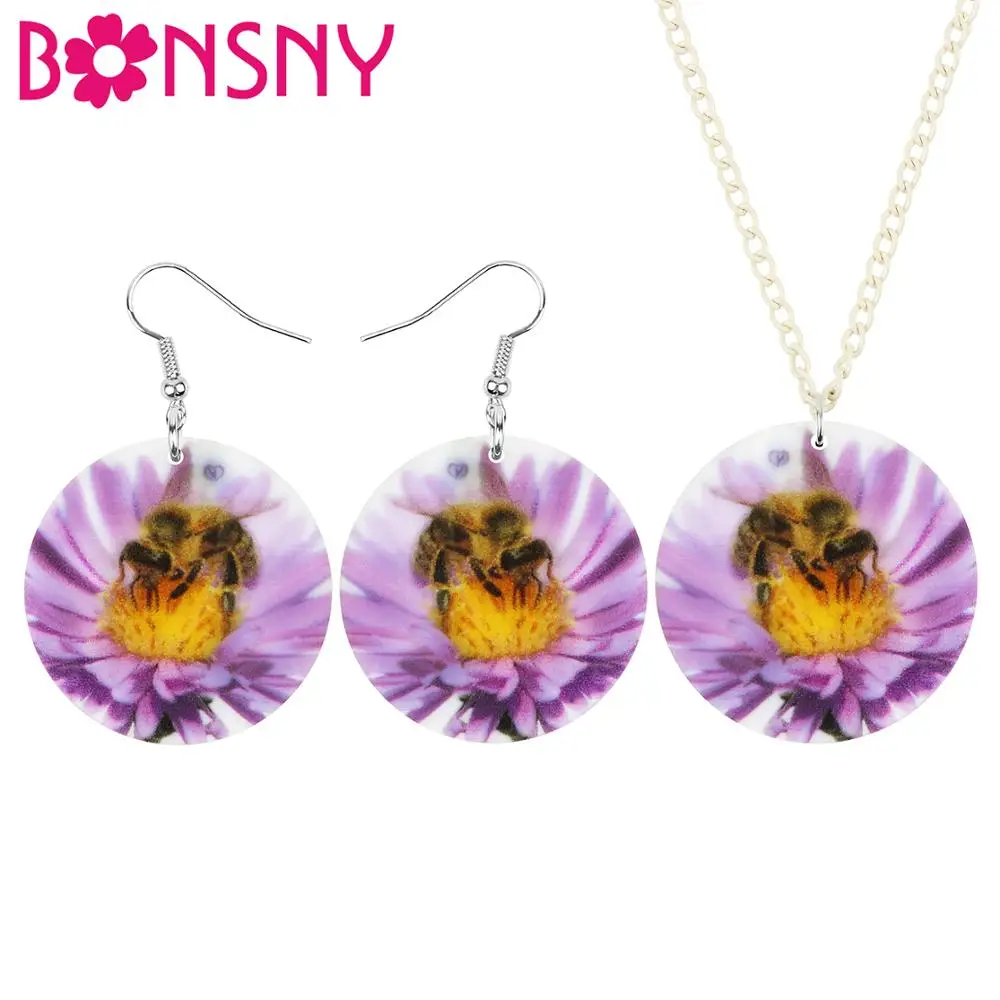 Bonsny акриловая круглая Медоносная пчела набор ювелирных изделий с цветами серьги