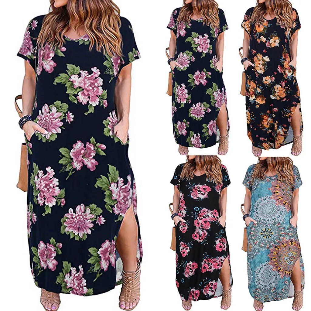 

JAYCOSIN Plus Size 5XL Dress Loose Long maxi Dress Short Sleeve Pocket V-Neck Short Sleeve Split Backless summer Dress vestidos