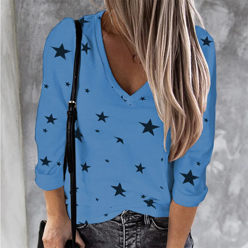 

Plus Size Women Loose T-shirt Long Sleeve Star Print Tshirt Autumn Spring Casual V-neck Female Fashion Streetwear Simple Tee Top