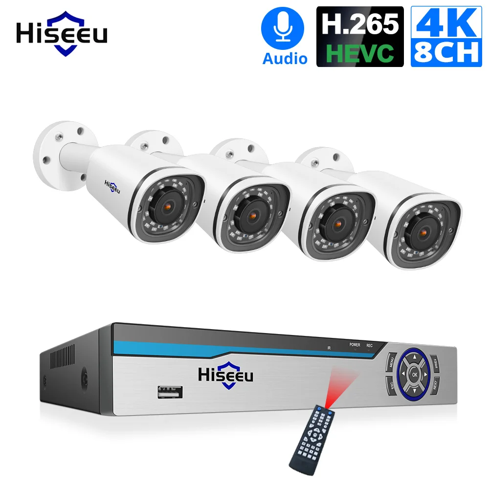 Система видеонаблюдения Hiseeu 8 каналов 4K POE NVR H.265 Мп уличная Водонепроницаемая IP