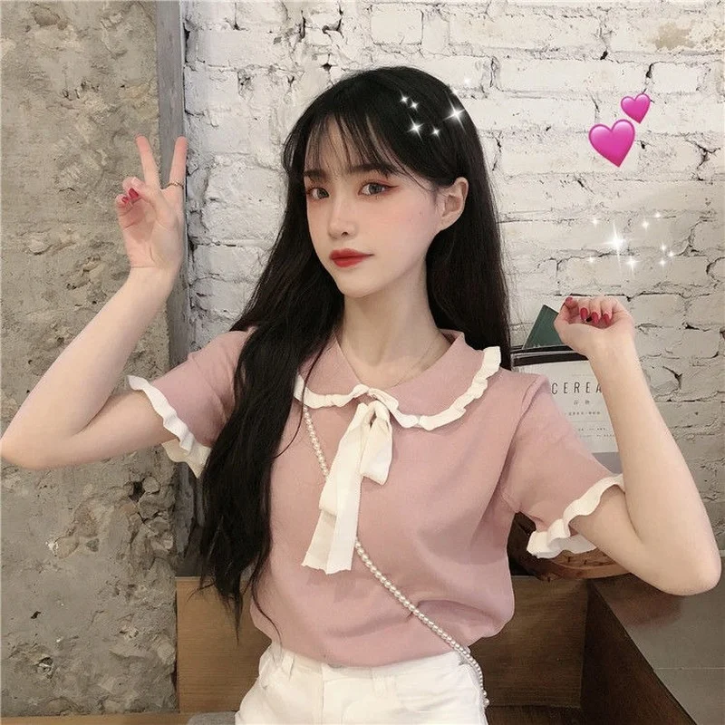 

Female 2023 Summer Clothes Loose Elastic Knitted Pullover Peter Pan Collar Korean Bow Lace-up Short-sleeve Blouse Women Y532
