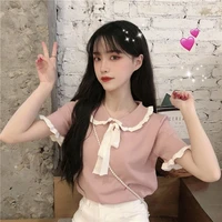 female 2022 summer clothes loose elastic knitted pullover peter pan collar korean bow lace up short sleeve blouse women y532