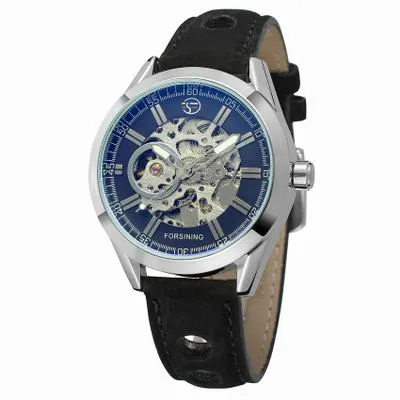 Silver-Black Мужские механические наручные часы с скелетом, мужские механические часы, мужские часы, лучший бренд класса люкс, натуральная кожа, Montre Homme - Цвет: Silver-Black