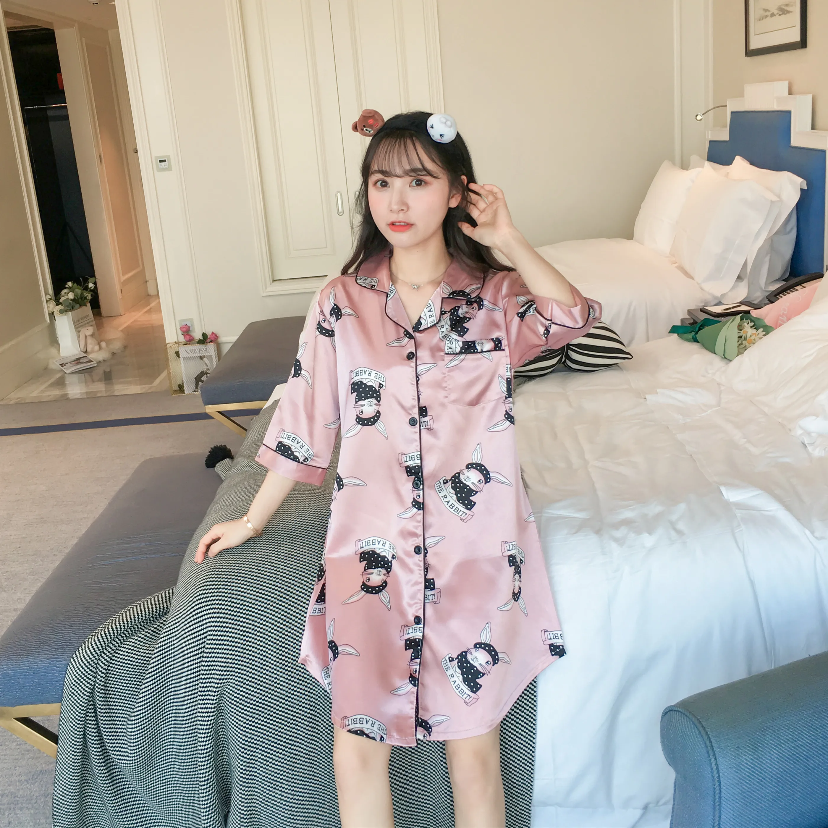 

Nightdress Summer Shirt Sexy Pajamas Women Summer Long Nightdress Sweet Lovely Ice Silk Cardigan With Thin Sleeves Pajamas