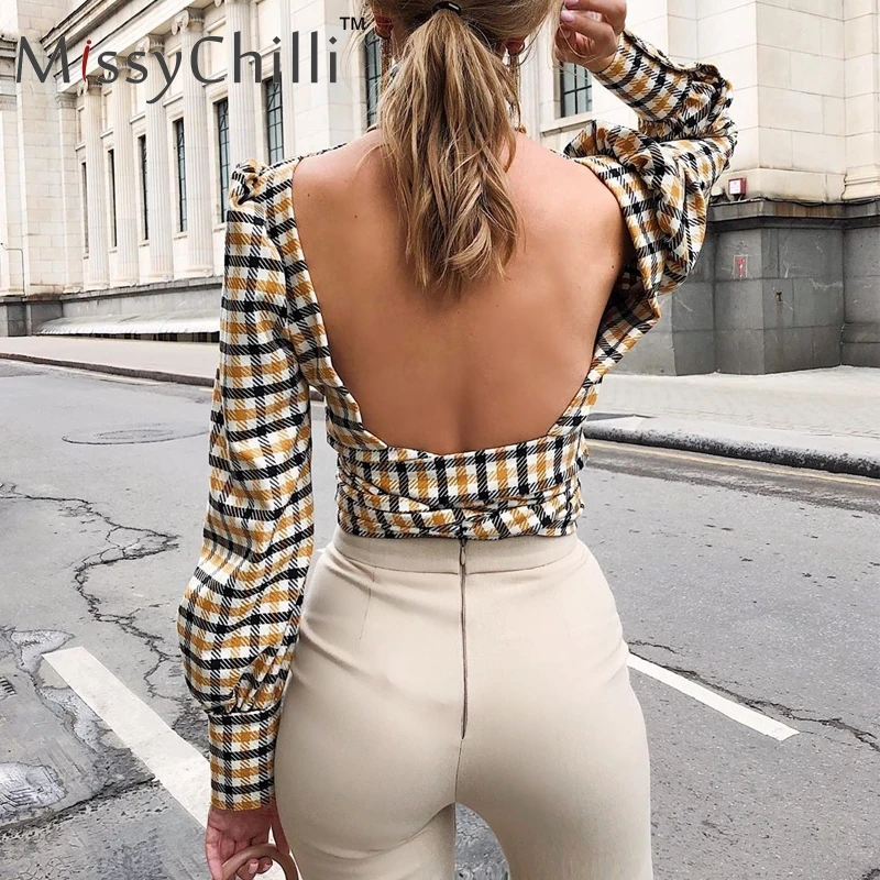 Женская блузка в клетку MissyChilli винтажная облегающая с открытой спиной и длинным