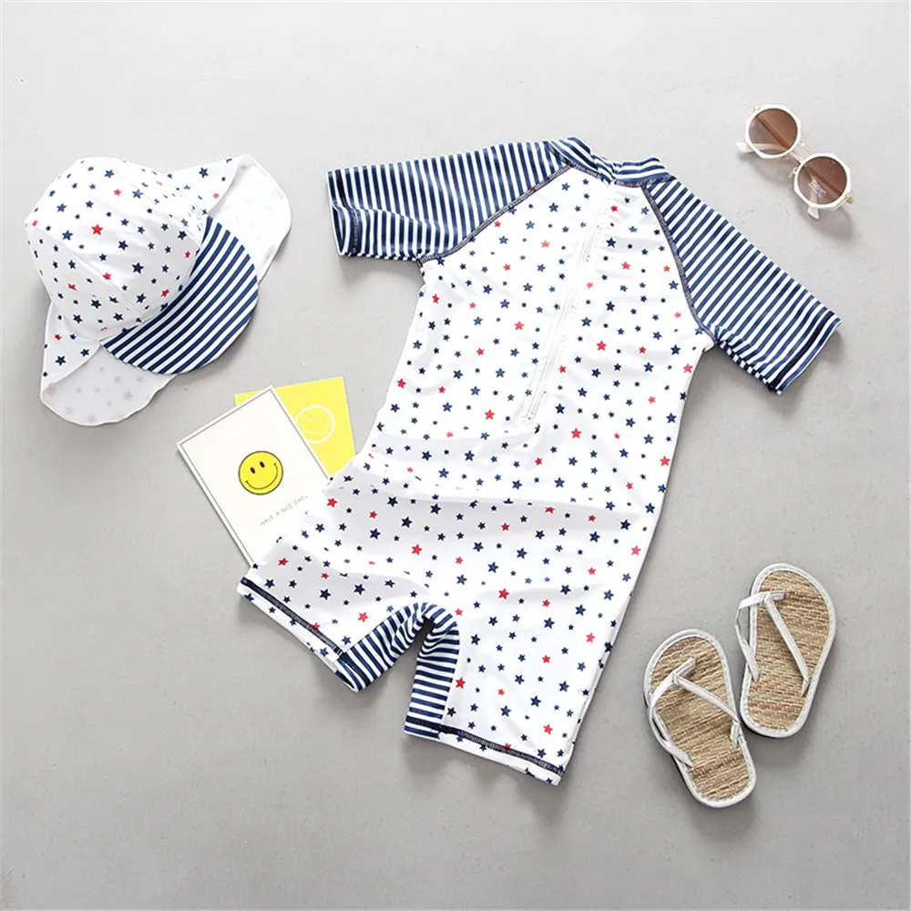 Купальник Детский слитный в полоску со звездами и коротким рукавом|Детские