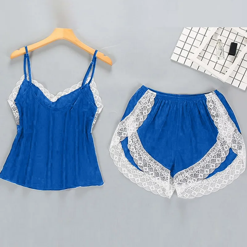 

Pyjamas Women Sleepwear Sleeveless Strap Nightwear Lace Trim Satin Cami Top Pajama Sets sexy femme lingerie pyjamas feminino