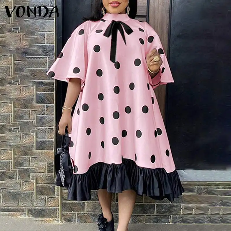 

Women Autumn Dress Vintage Polka Dot Swing Party Midi Dress 2022 VONDA Casual Flare Sleeve Short Sleeve Beach Sundress Plus Size