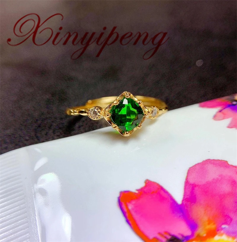 Xin Yipeng Real S925 Sterling Silver Plated Yellow Gold Inlaid Natural Diopside Ring Fine Gem Jewelry Anniversary Gift for Women