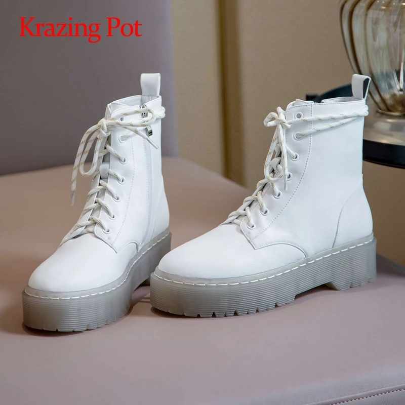 

Krazing pot motorcycle boots real leather handsome platform round toe thick high heel zipper cross-tied catwalk ankle boots L93