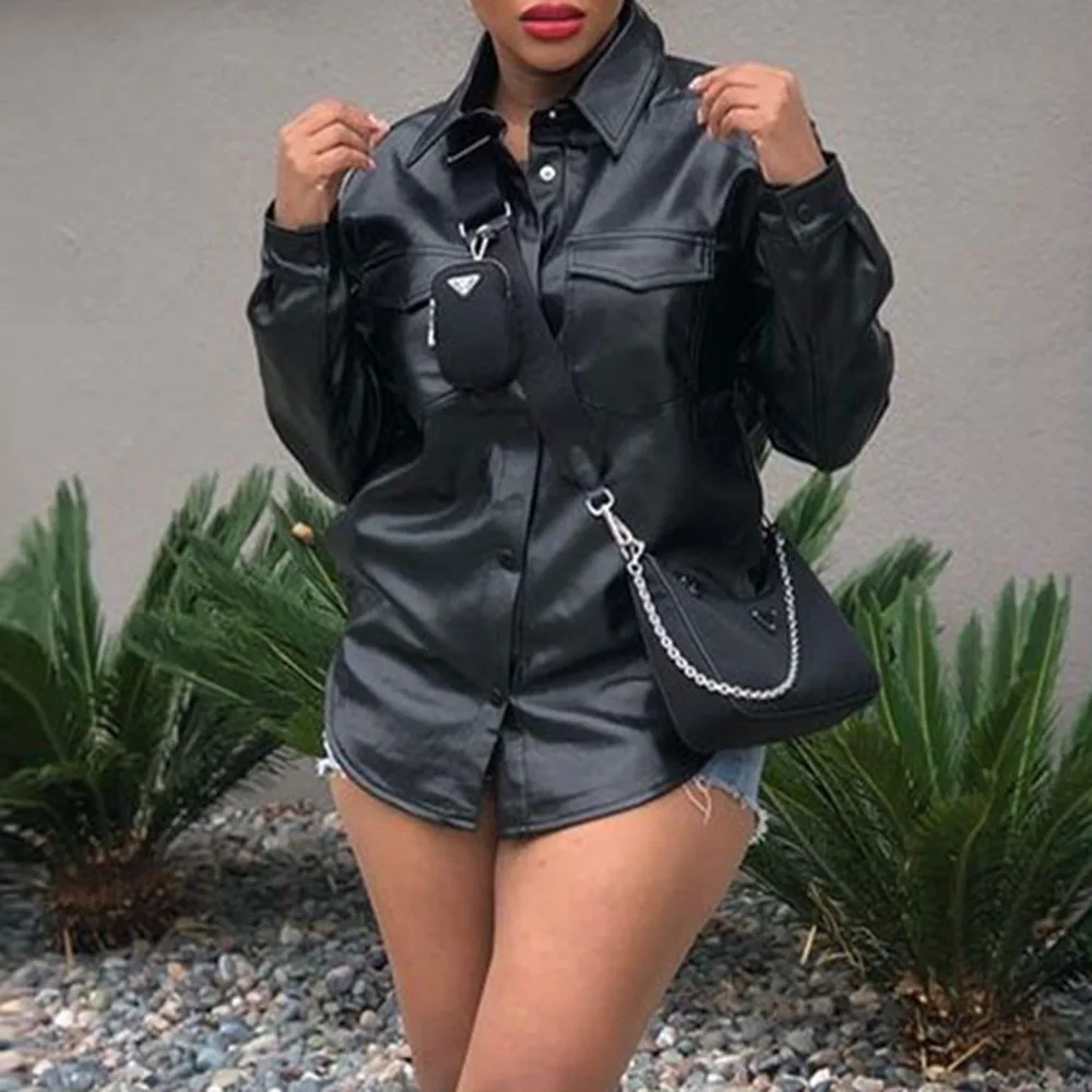 

2021 Autumn Winter New Womens PU Jacket Solid Color Lapel Single Breasted Long Sleeve Casual Simplicity Fashion African Jacket