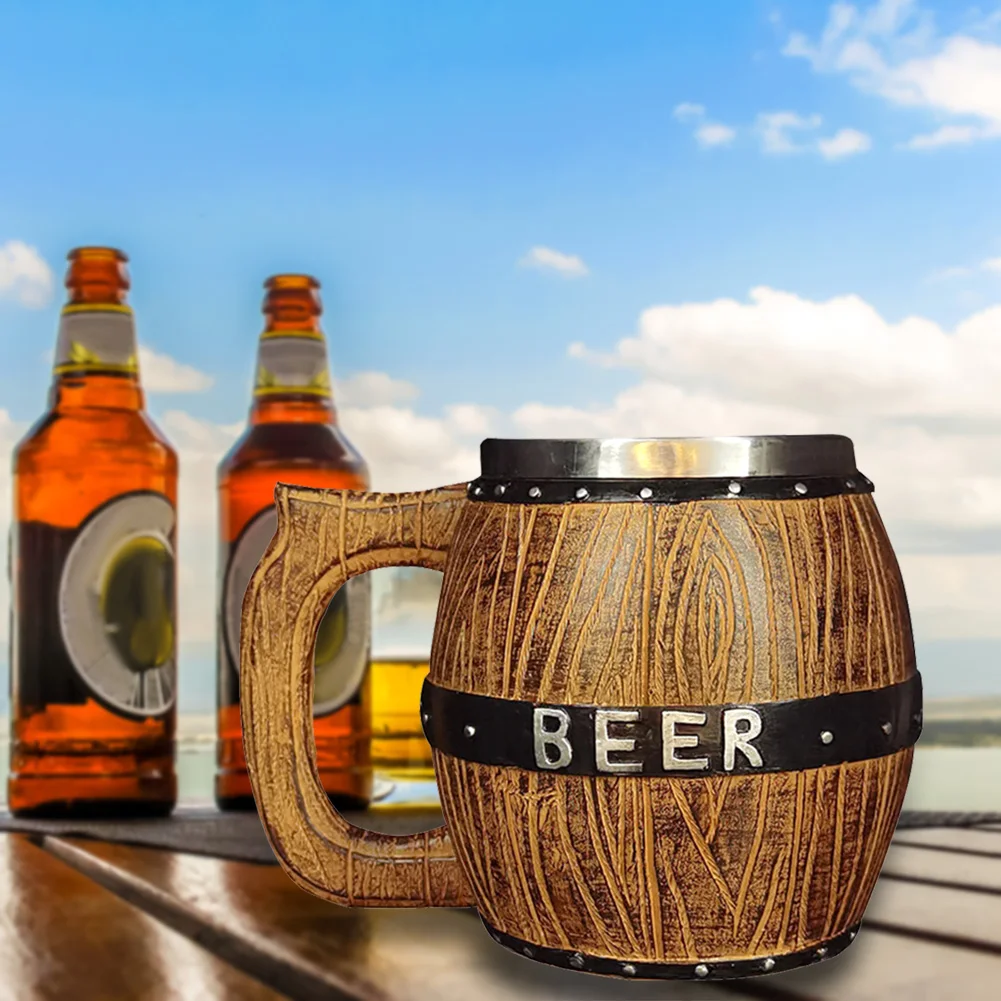 

Stainless Steel Wooden Barrel Beer Mug Simulation Shape Double-Walled Mug As Beautiful Christmas Gift 580ml