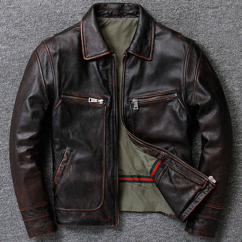 Мужская винтажная ветровка из натуральной кожи мотоциклетная куртка в стиле