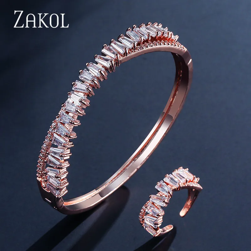 Rose Gold Color Элегантный высококачественный квадратный браслет с кубическим цирконием, набор свадебных украшений для женщин, подарок на свадьбу, вечеринку, день рождения, FSSP374 - Окраска металла: Rose Gold Color