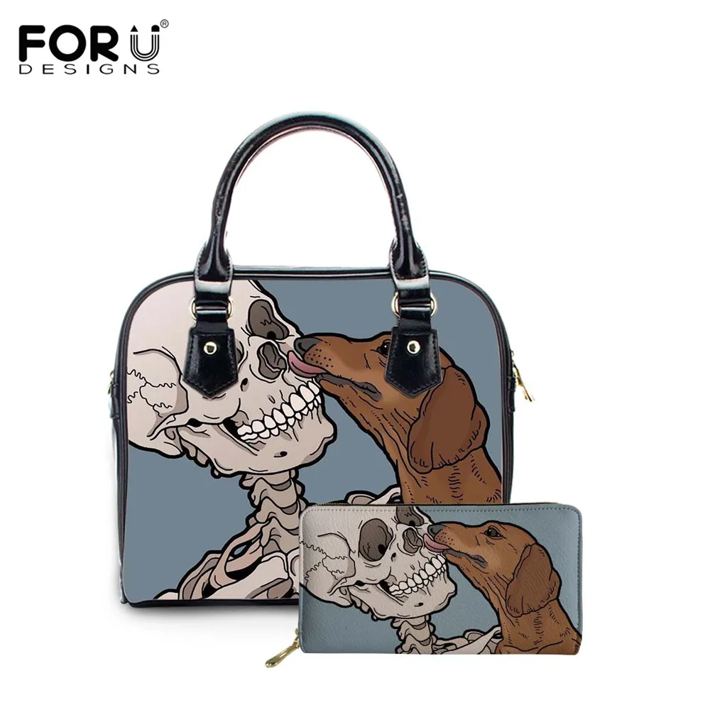 

FORUDESIGNS Personalized Sweet Skull and Dog Print Ladies Shoulder Bags Pu Leather Waterproof Female Crossbody Bag with Zipper