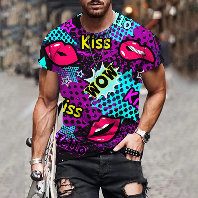 

latest design men's street trend T-shirt 3D printing personalized graffiti letter symbol pattern Short sleeve fashion top