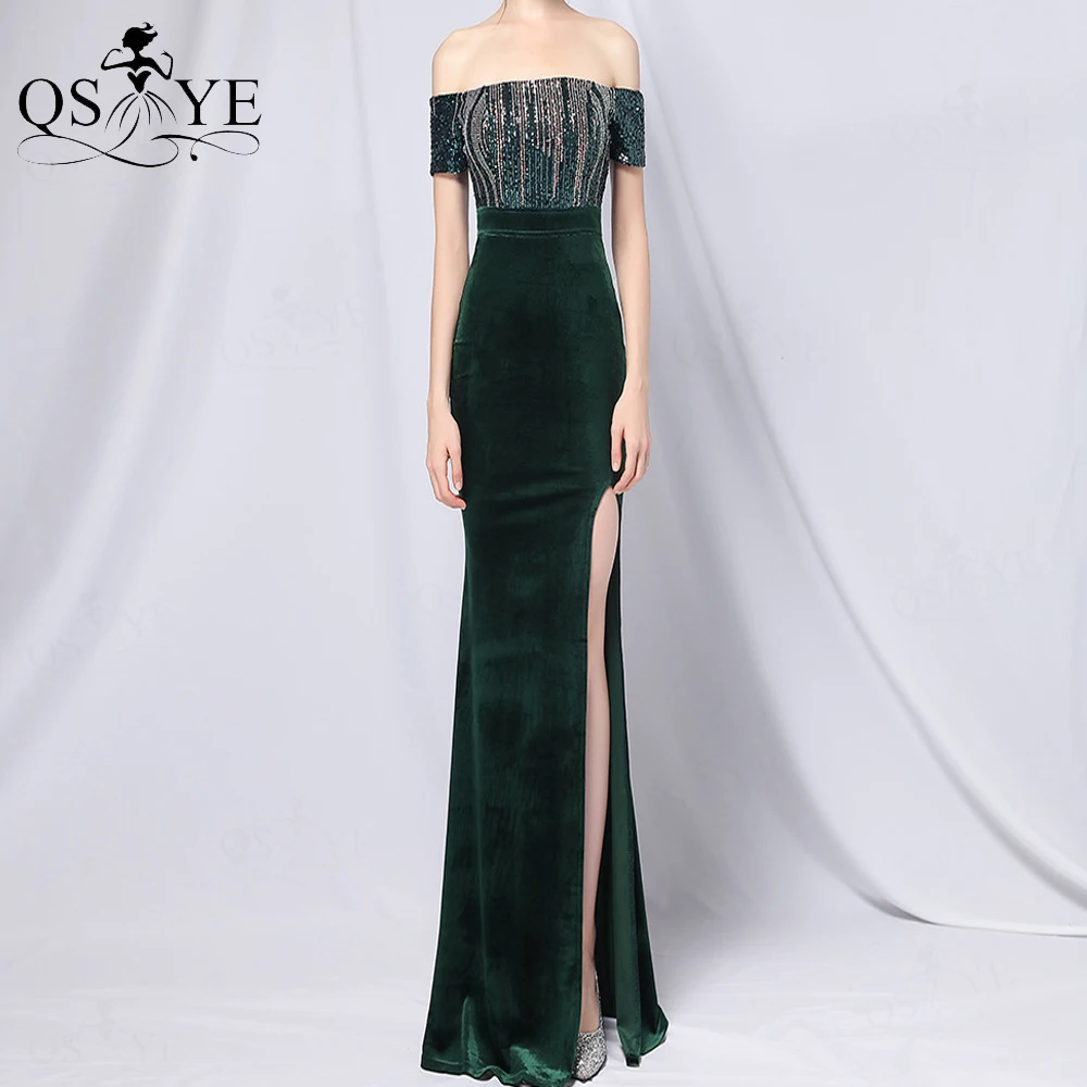 

Velvet Emerald Evening Dress Off Shoulder Side Sleeves Prom Gown Sexy Split Fading Sequin Party Dress Fitted Women Formal Gown