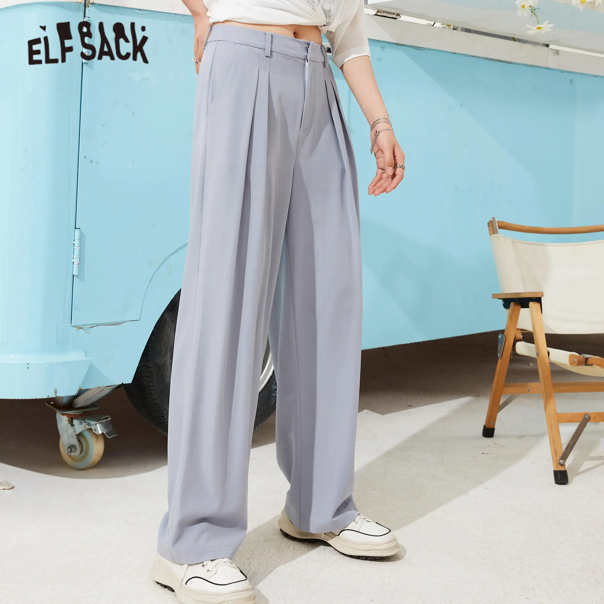 ELFSACK Solid Pure High Waist Straight Casual Women Pants 2021 Summer Minimalist Korean Ladies Daily Basic Trouser